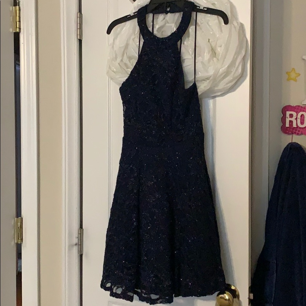 Navy Blue Halter Top Glitter Lace Formal Dress
